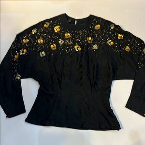 Vintage Oleg Cassini  Black silk top with  Gold Embellishments